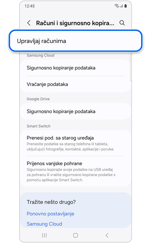 Zaslon za račune i sigurnosno kopiranje