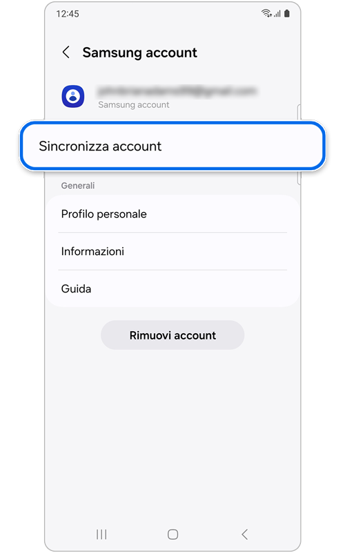 Schermata dell'account Samsung