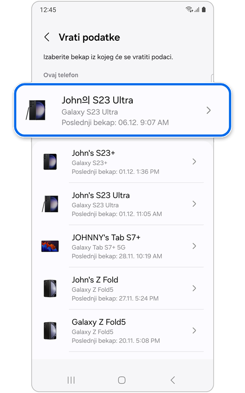 Ekran prikazuje najnovije bekapovanje sa različitih uređaja.