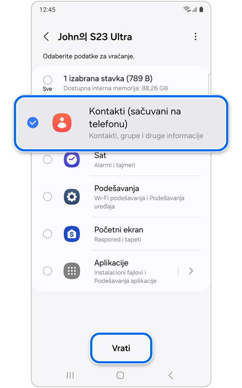 Ekran prikazuje koje podatke mogu biti vraćeni.