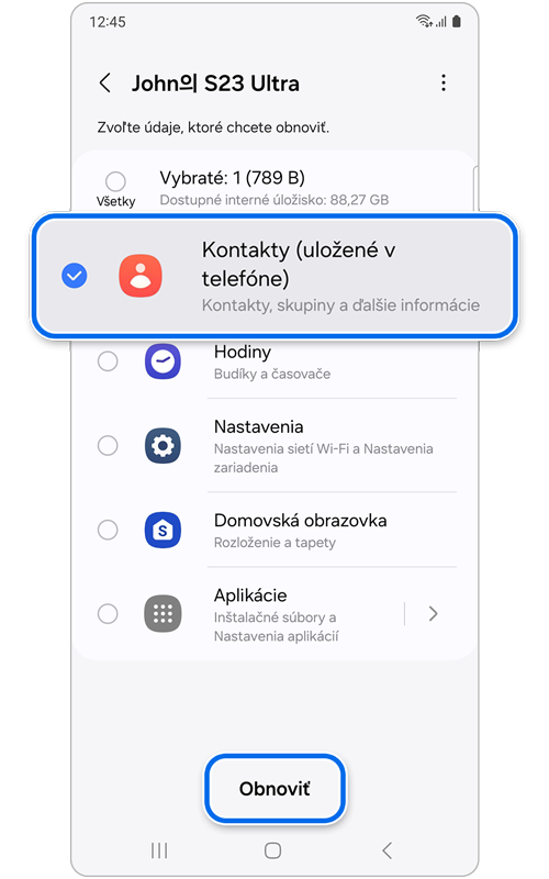 Obrazovka zobrazujúca, ktoré údaje je možné obnoviť