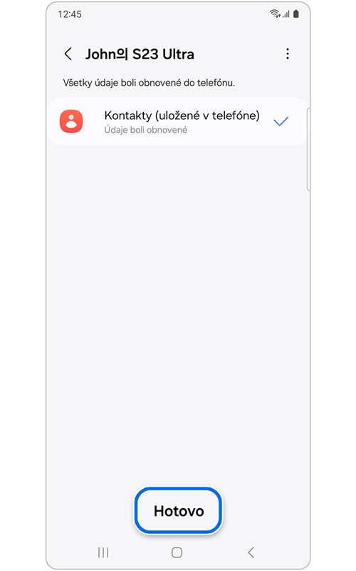 Obrazovka potvrdzujúca dokončenie obnovenia údajov
