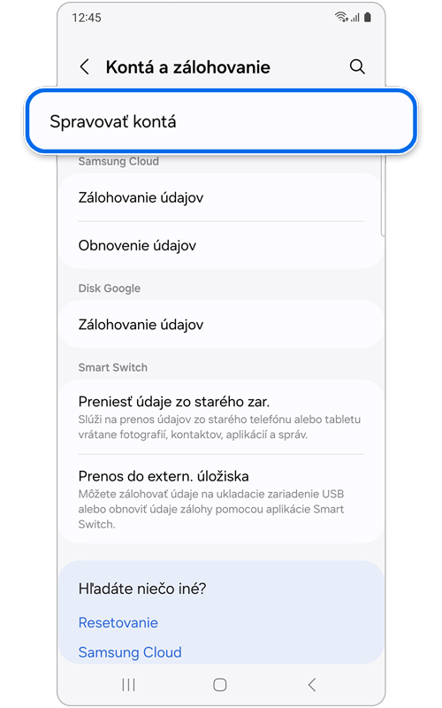 Obrazovka Kontá a zálohovanie