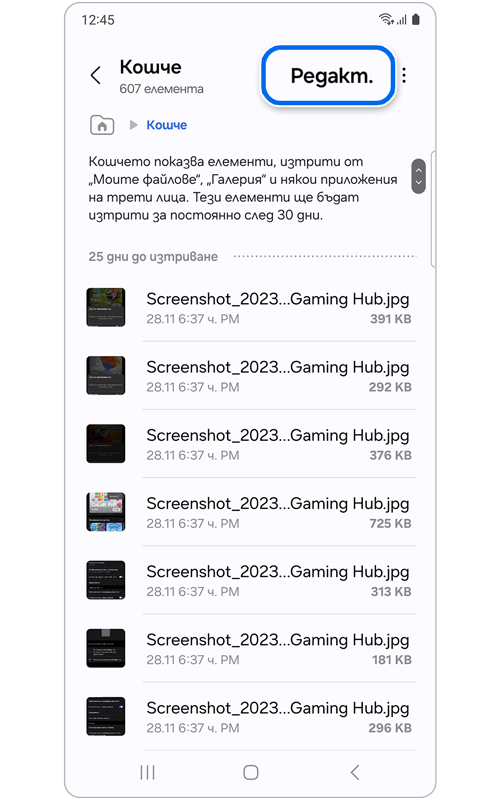 Начален екран на Кошче