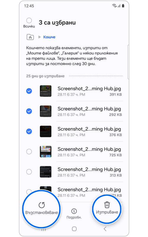 Начален екран на Кошче с избрана опция за възстановяване