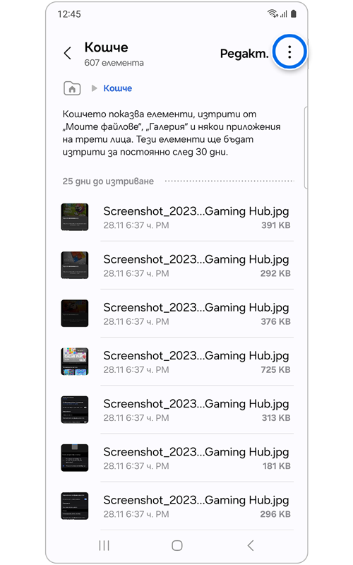 Начален екран на Кошче