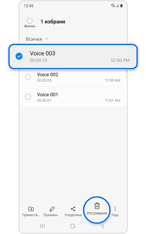 Файлове, записани в списъка на Диктофон