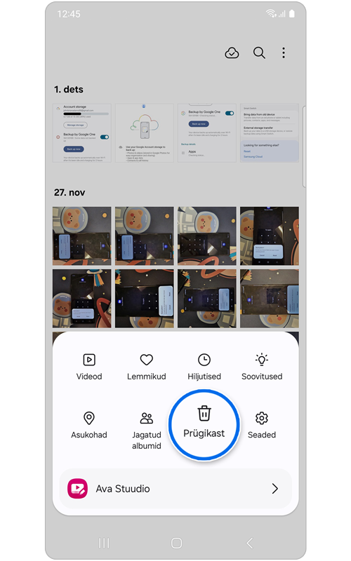 Rakenduse Galerii menüüvalikud