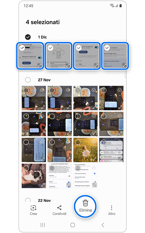 Opzione Elimina selezionata per rimuovere i file di foto