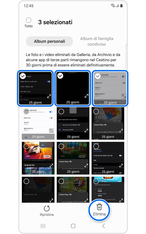 File e opzione Elimina selezionati nel Cestino