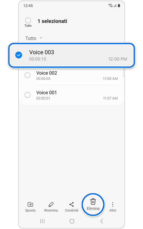 File salvati nell'elenco di Registratore vocale