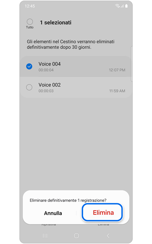 Finestra pop-up che richiede la conferma di eliminazione