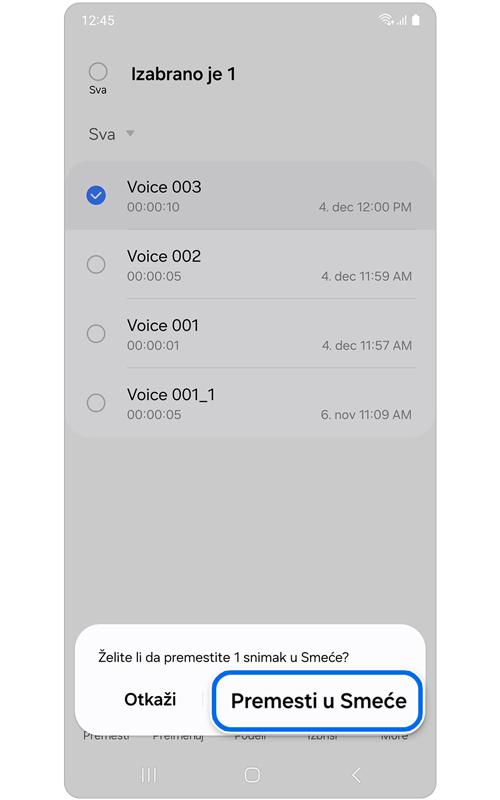 Iskačući prozor za potvrdu premeštanja u smeće
