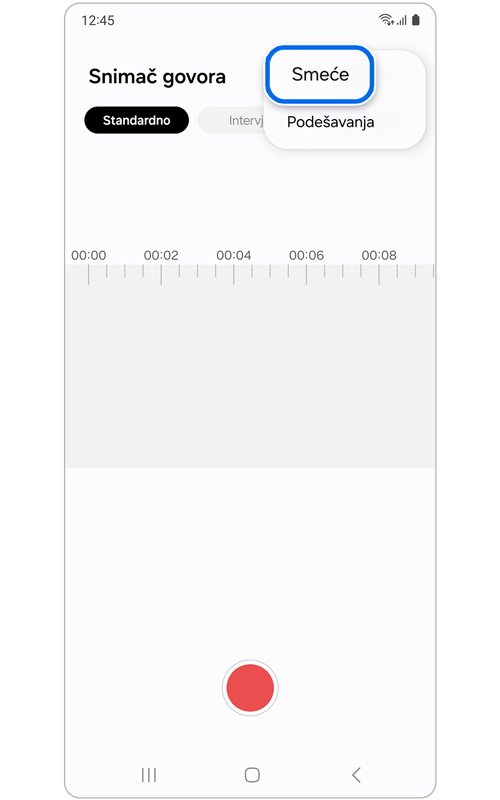 Početni ekran aplikacije Snimač govora
