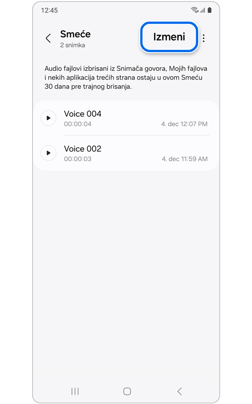 Korpa za smeće aplikacije Snimač govora
