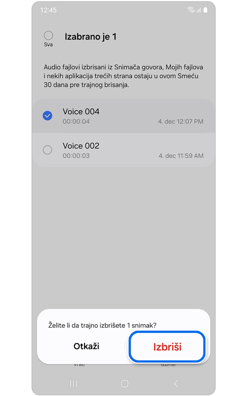 Iskačući prozor za potvrdu brisanja