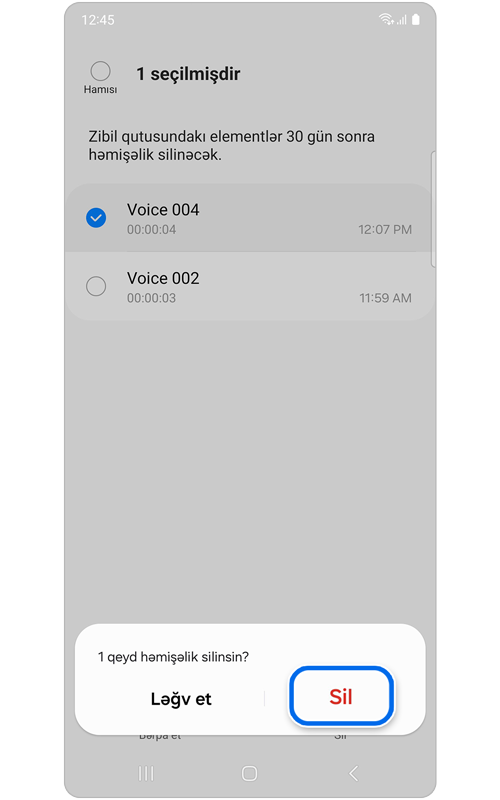 Silinmə təsdiqini tələb edən açılır pəncərə