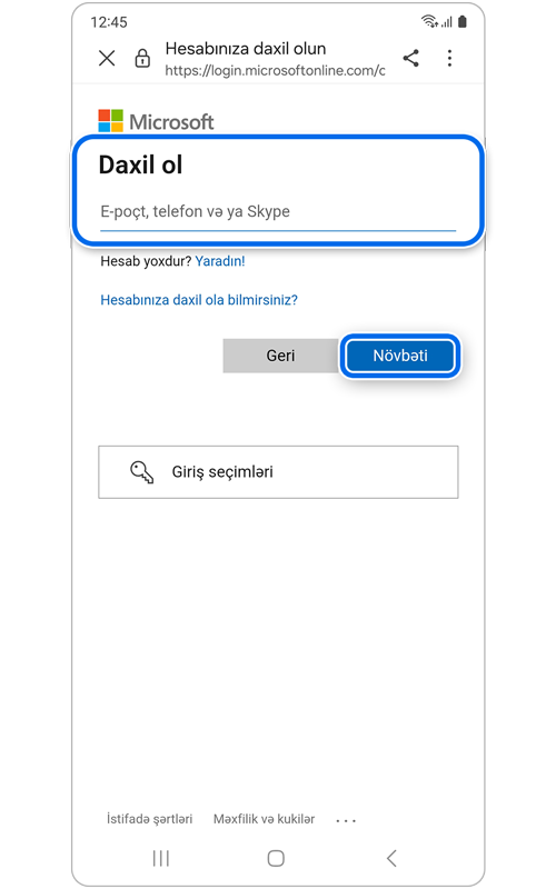 Microsoft hesabına giriş ekranı