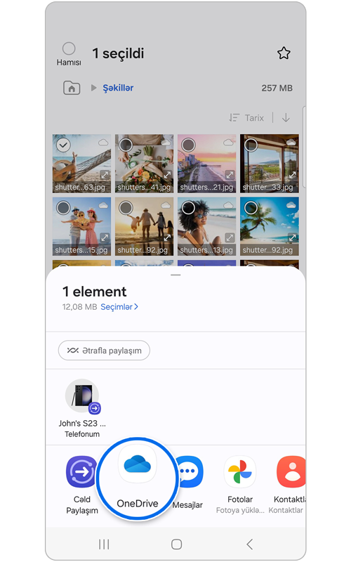 Seçilmiş faylı paylaşmaq üçün proqram seçimlərini göstərən pəncərə açılır