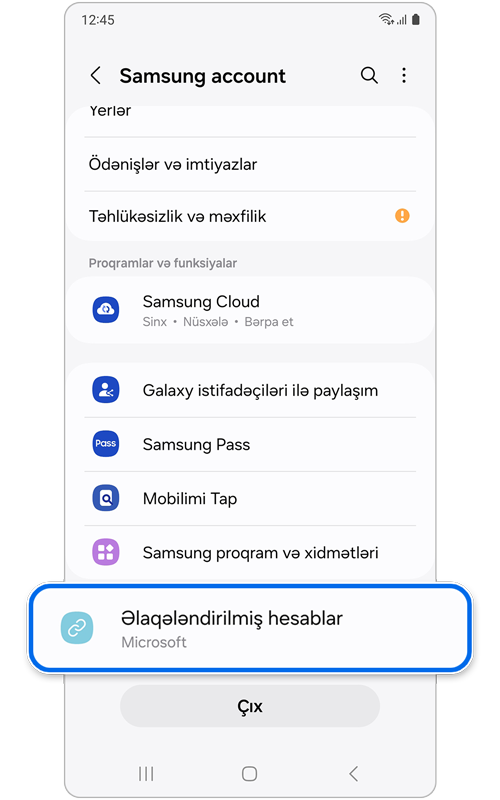 Samsung Hesabının əsas ekranı