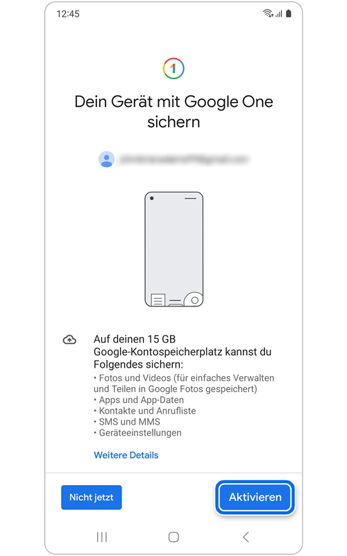 Bildschirm zum Aktivieren der Datensicherung auf dem Google-Konto