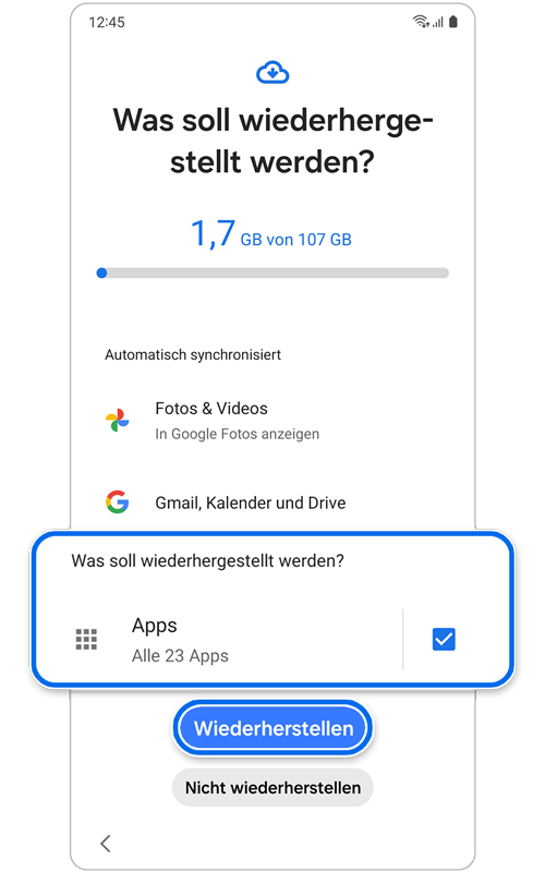 Wähle den Bildschirm aus, der wiederhergestellt werden soll