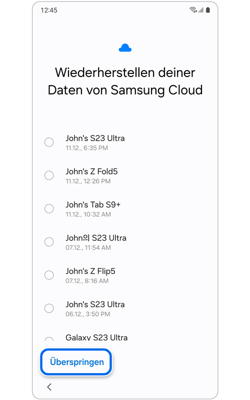 Bildschirm zur Wiederherstellung von Daten aus Samsung Cloud