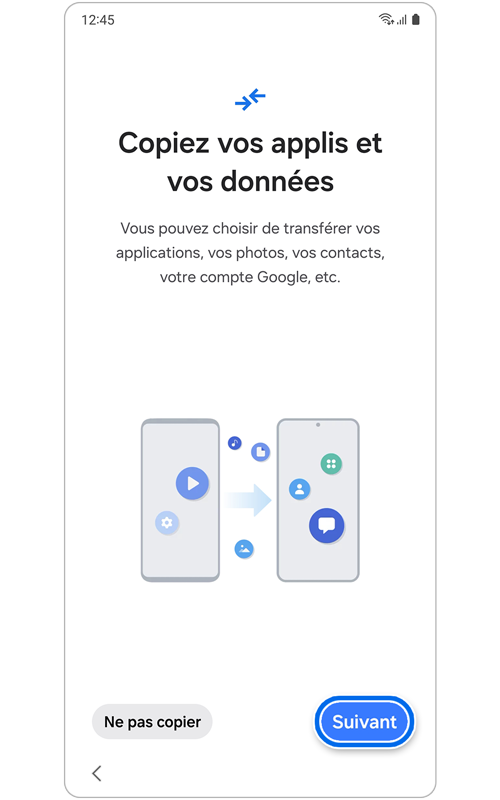 Écran de copie des applications et des données