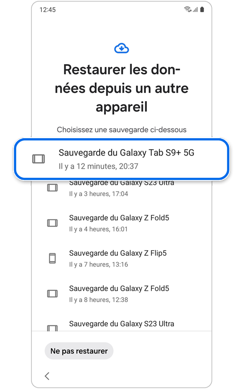 Liste des sauvegardes disponibles pour la restauration des données
