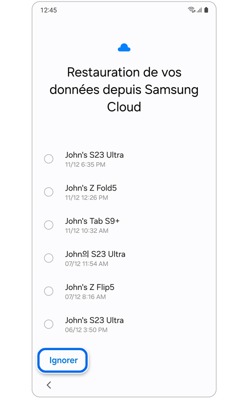 Écran de restauration des données à partir de Samsung Cloud