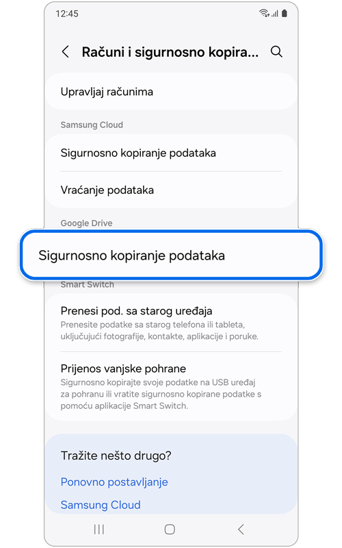 Zaslon Računi i sigurnosno kopiranje