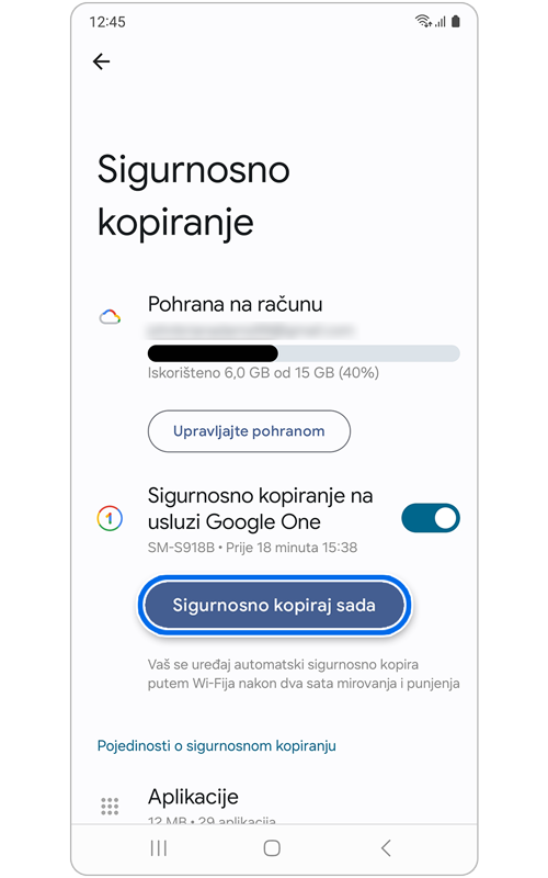 Ekran za sigurnosno kopiranje podataka