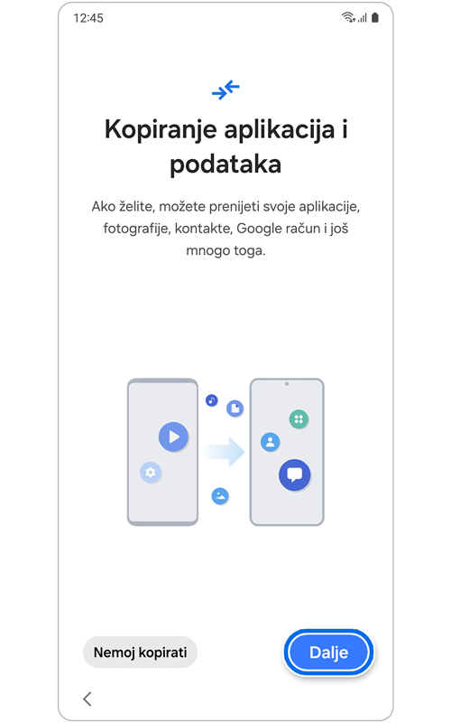 Zaslon Kopiranje aplikacija i podataka