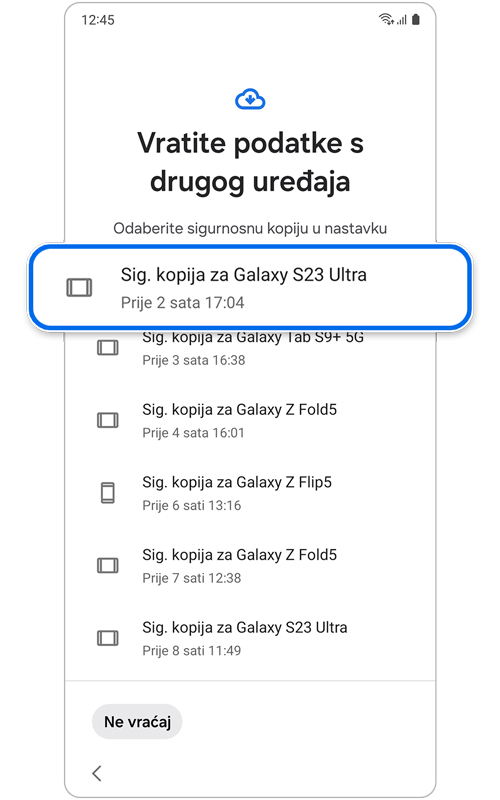 Popis dostupnih sigurnosnih kopija za korištenje za obnovu podataka