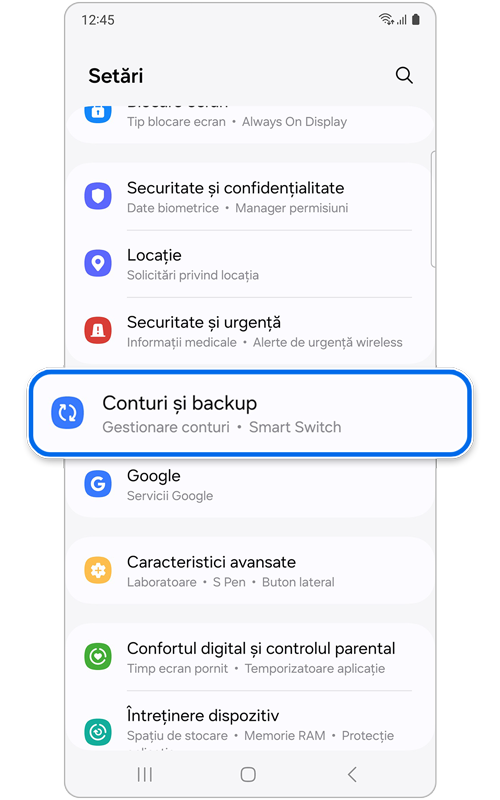 Ecranul de pornire pentru Setări