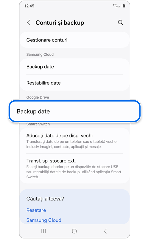 Ecranul Conturi și backup