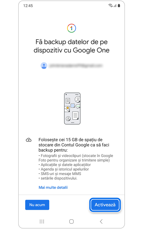 Ecran pentru activarea stocării în contul Google pentru a face backup la date