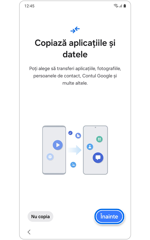 Ecranul Copiază aplicațiile și datele