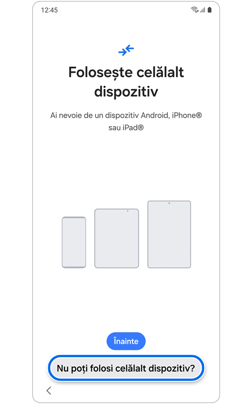 Ecranul oferă opțiunea de a folosi celălalt dispozitiv pentru restabilirea datelor