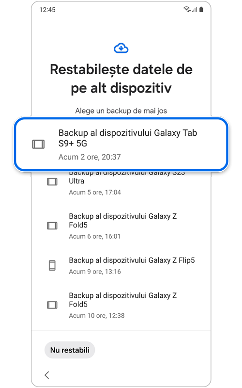Lista de backup-uri disponibile de utilizat pentru restabilirea datelor