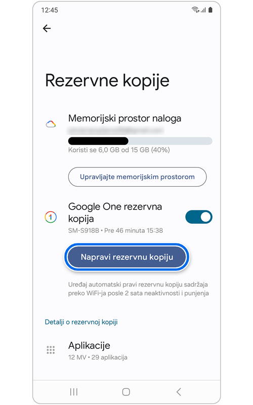 Ekran za rezervne kopije podataka