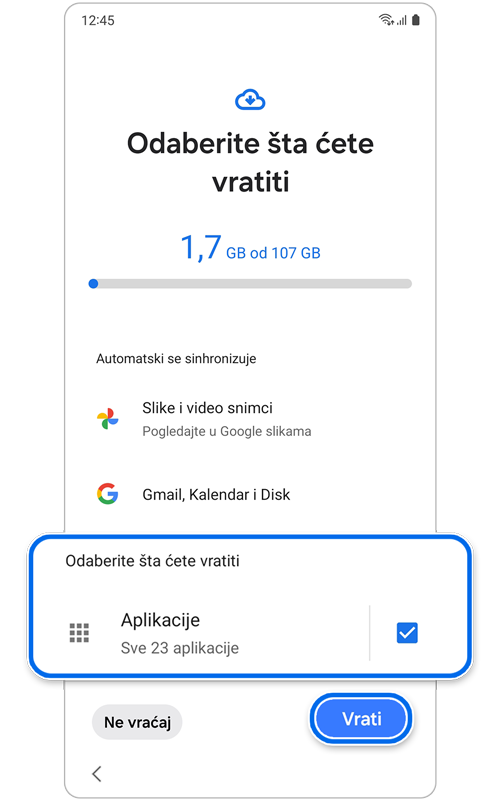 Ekran Odaberite šta ćete vratiti