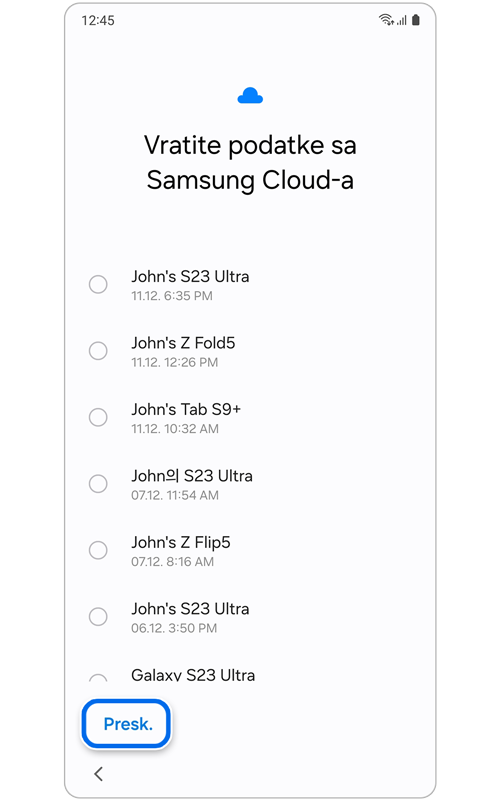 Ekran Vratite podatke sa Samsung Cloud-a