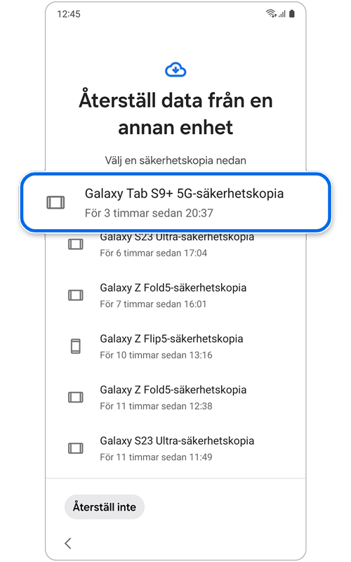 Lista över tillgängliga säkerhetskopior att använda för dataåterställning
