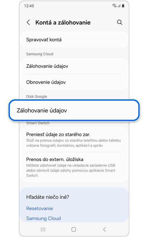 Obrazovka Kontá a zálohovanie