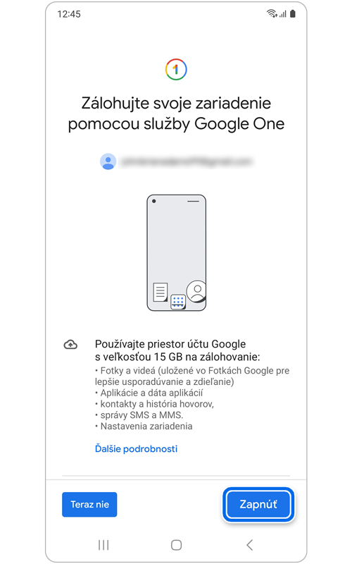 Obrazovka zapnutia úložiska konta Google na zálohovanie údajov