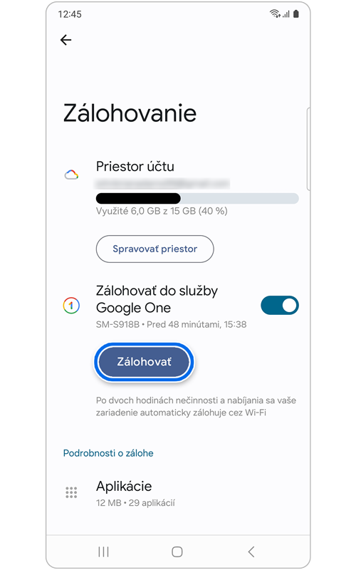 Obrazovka zálohovania údajov