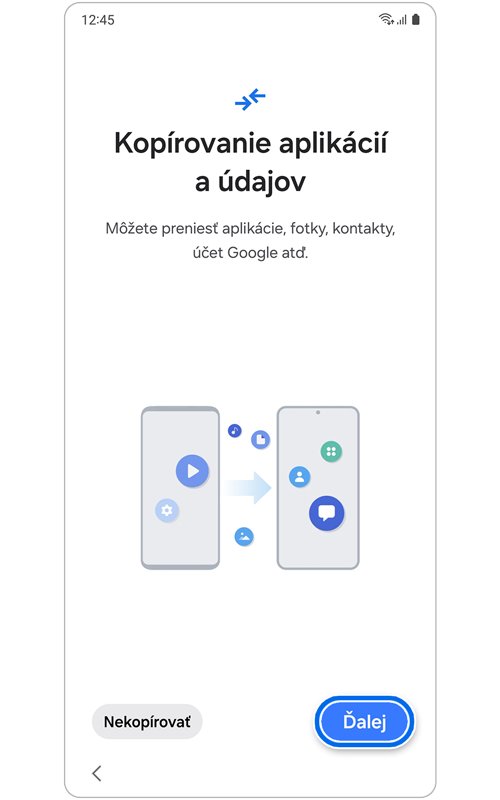 Obrazovka Kopírovanie aplikácií a údajov