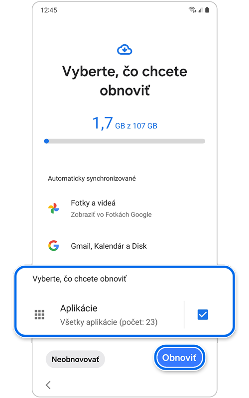 Obrazovka Vyberte, čo chcete obnoviť