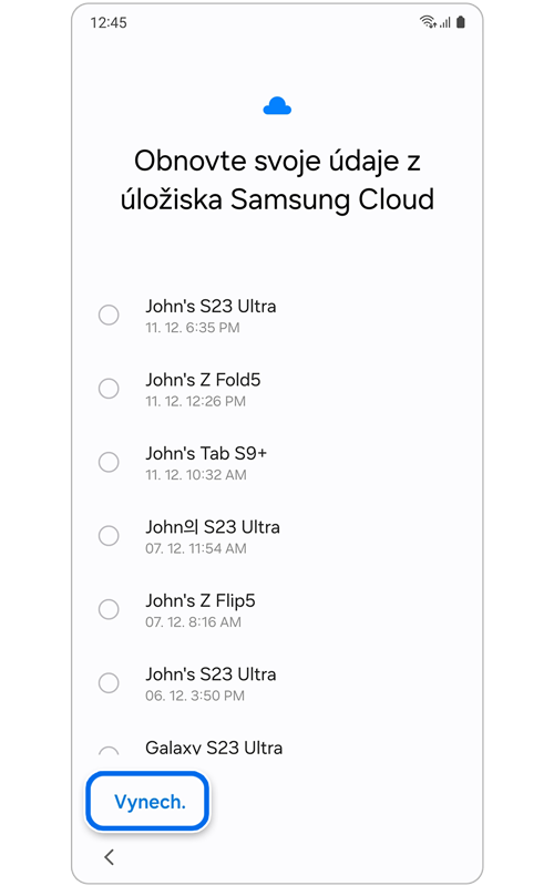 Obrazovka Obnovte svoje údaje z úložiska Samsung Cloud